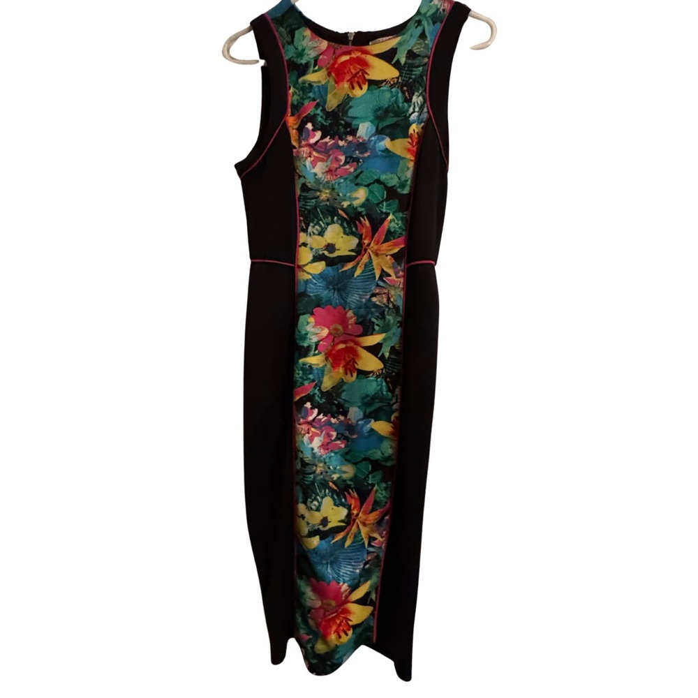 Spense Tropical Floral Midi Dress with Black Panels